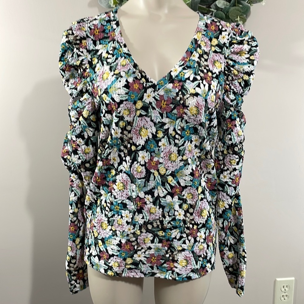NWOT LOFT Floral Shirred Puff Sleeve Long Sleeve Blouse Top S